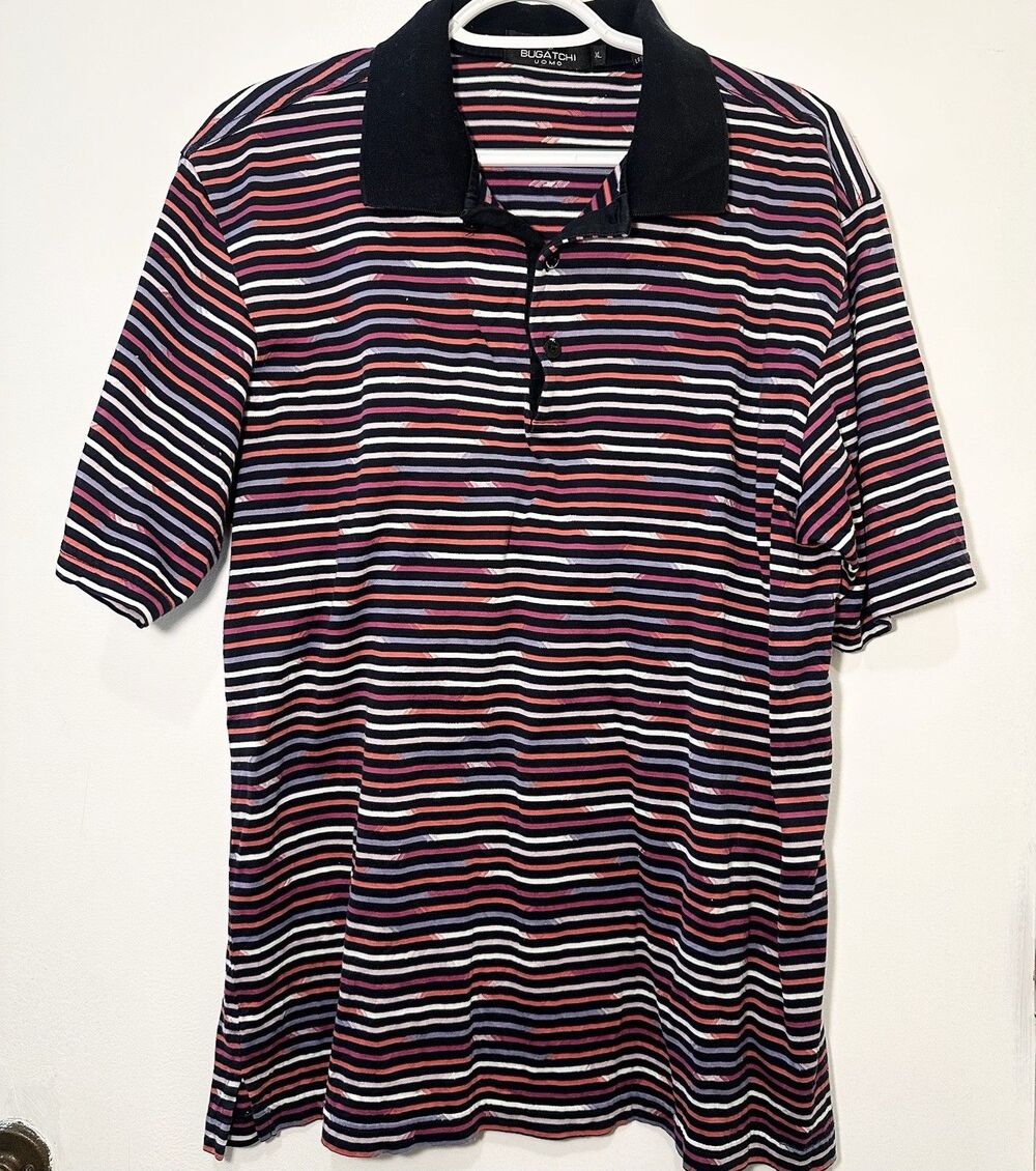 Bugatchi Uomo Men’s XL Mercerized Cotton Striped Polo Shirt Black Pink Purple